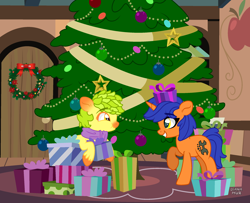 Size: 2500x2028 | Tagged: safe, artist:dianamur, artist:minty joy, imported from derpibooru, oc, oc:pineapone, oc:twist cable, earth pony, pony, unicorn, base used, christmas, christmas lights, christmas tree, clothes, earth pony oc, gift wrapped, grin, holiday, horn, present, raised hoof, scarf, smiling, tree, unicorn oc