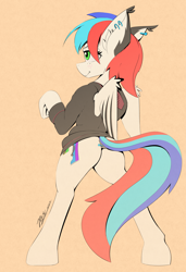 Size: 3900x5700 | Tagged: safe, artist:pedalspony, imported from derpibooru, oc, oc only, oc:pedals, pegasus, pony, semi-anthro, bipedal, blushing, butt, clothes, dock, dock piercing, ear fluff, ear piercing, earring, female, hoodie, jewelry, lidded eyes, looking away, mare, piercing, plot, smiling, spread wings, sweater, tail, trans female, transgender, wings