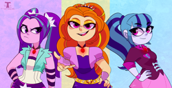 Size: 8000x4100 | Tagged: safe, artist:t-whiskers, imported from derpibooru, adagio dazzle, aria blaze, sonata dusk, equestria girls, rainbow rocks, absurd resolution, bedroom eyes, female, gem, hand on hip, looking at you, open mouth, siren gem, the dazzlings, trio