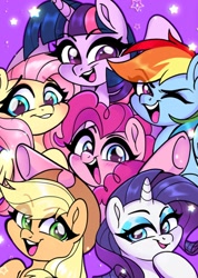 Size: 946x1332 | Tagged: safe, artist:techycutie, imported from derpibooru, applejack, fluttershy, pinkie pie, rainbow dash, rarity, twilight sparkle, alicorn, earth pony, pegasus, pony, unicorn, blushing, bust, cute, dashabetes, diapinkes, female, jackabetes, looking at you, mane six, mare, one eye closed, open mouth, portrait, purple background, raribetes, shyabetes, simple background, smiling, stars, twiabetes, twilight sparkle (alicorn), wink