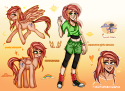 Size: 1584x1152 | Tagged: safe, artist:lelka-philka, imported from derpibooru, oc, oc only, oc:stormy winds, human, pegasus, pony, equestria girls, alternate hairstyle, belly button, clothes, converse, female, freckles, grin, heterochromia, hoodie, humanized, jewelry, leggings, mare, midriff, nail polish, necklace, raised hoof, raised leg, reference sheet, shoes, shorts, smiling, socks, solo, tanktop, wristband