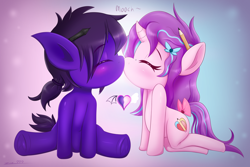 Size: 5184x3456 | Tagged: safe, artist:zionworldartist, imported from derpibooru, oc, oc only, earth pony, pony, unicorn, abstract background, blushing, bow, earth pony oc, eyes closed, frog (hoof), hair bow, hairclip, heart, horn, kissing, kneeling, onomatopoeia, pencil, sitting, underhoof, unicorn oc