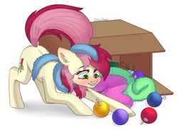 Size: 2500x1832 | Tagged: safe, artist:chibadeer, imported from derpibooru, roseluck, pony, behaving like a cat, blushing, box, christmas ornament, commissioner:doom9454, cute, cuteluck, decoration, fluffy, pony pet, rosabetes, rosepet, solo