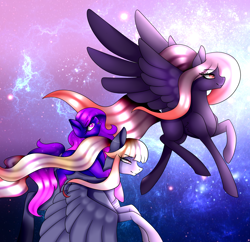 Size: 1500x1450 | Tagged: safe, artist:minelvi, imported from derpibooru, oc, oc only, oc:sirius, oc:vega, pegasus, pony, eyelashes, female, flying, mare, pegasus oc, siblings, sisters, stars, wings