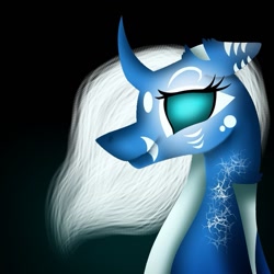 Size: 889x889 | Tagged: safe, artist:rxndxm.artist, imported from derpibooru, oc, oc only, pony, unicorn, black background, curved horn, eyelashes, horn, simple background, smiling, solo, unicorn oc