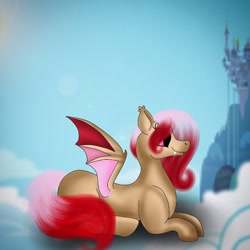 Size: 900x900 | Tagged: safe, artist:rxndxm.artist, imported from derpibooru, oc, oc only, bat pony, pony, bat pony oc, bat wings, castle, cloud, fangs, lying down, on a cloud, outdoors, prone, solo, wings