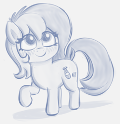 Size: 882x912 | Tagged: safe, artist:heretichesh, imported from derpibooru, oc, oc only, oc:fizzie, earth pony, pony, blushing, female, monochrome, sketch, smiling, soda, solo