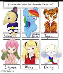 Size: 791x929 | Tagged: safe, artist:cinnamice, imported from derpibooru, anteater, anthro, big cat, dog, human, pegasus, pony, tiger, six fanarts, animal crossing, anthro with ponies, bust, clothes, crossed arms, crossover, digimon, eyes closed, female, kakegurui, kung fu panda, lillymon, male, mare, one eye closed, smiling, wink