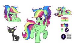 Size: 3984x2364 | Tagged: safe, artist:bebraveforme, artist:reptaurdrawsmlp, artist:tired-horse-studios, imported from derpibooru, oc, oc only, oc:color crush, cat, pegasus, pony, female, magazine, magical lesbian spawn, mare, offspring, parent:rainbow dash, parent:tree hugger, parents:rainbowhugger, reference sheet, simple background, solo, transparent background