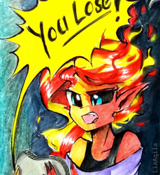 Size: 855x935 | Tagged: safe, artist:liaaqila, imported from derpibooru, sunset shimmer, equestria girls, commission, controller, fiery shimmer, fire hair, gamer sunset, rageset shimmer, sunset satan, that pony sure have anger issues, traditional art, transformation, video game