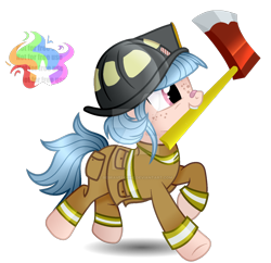 Size: 1280x1238 | Tagged: safe, artist:bebraveforme, artist:reptaurdrawsmlp, artist:tired-horse-studios, imported from derpibooru, oc, oc only, oc:star shooter, earth pony, pony, axe, deviantart watermark, female, firefighter, mare, mouth hold, obtrusive watermark, simple background, solo, transparent background, watermark, weapon