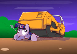 Size: 1280x905 | Tagged: safe, artist:trackheadtherobopony, imported from derpibooru, twilight sparkle, alicorn, pony, abuse, crushed, jojo reference, road roller, road roller da, solo, steam roller, steamroller, twilight is not amused, twilight sparkle (alicorn), twilight sparkle is not amused, twilybuse, unamused