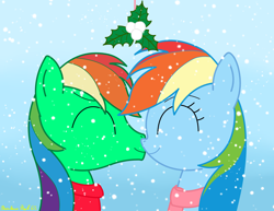 Size: 3840x2968 | Tagged: safe, artist:rainbowšpekgs, imported from derpibooru, rainbow dash, oc, oc:oliver, pony, canon x oc, clothes, duo, female, kissing, male, mare, mistleholly, olidash, request, scarf, shipping, snow, snowfall, stallion, straight, sweater, winter