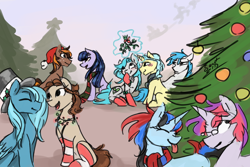 Size: 1500x1000 | Tagged: safe, artist:elisdoominika, imported from derpibooru, oc, oc only, oc:cosmia nebula, oc:fahu, oc:legion, oc:sweet elis, oc:synthia, oc:thinker blue, oc:wond, earth pony, pegasus, pony, unicorn, christmas, christmas lights, christmas stocking, christmas tree, clothes, eyes closed, female, giggling, group, grumpy, hat, holiday, holy, male, mare, mistletoe, scarf, sitting, smiling, socks, stallion, stockings, striped socks, talking, thigh highs, tongue out, top hat, tree