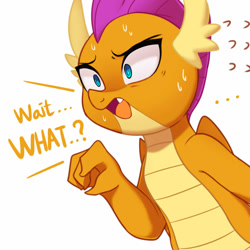 Size: 1024x1024 | Tagged: safe, artist:maren, imported from ponybooru, smolder, dragon, ..., raised arm, shocked face, shrunken pupils, solo, sweat, sweatdrop, wait what