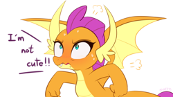 Size: 1200x672 | Tagged: safe, artist:maren, imported from ponybooru, smolder, dragon, angry, blushing, cute, dialogue, female, fist, i'm not cute, shrunken pupils, simple background, smolderbetes, solo, spread wings, steam, sweat, sweatdrop, white background, wings