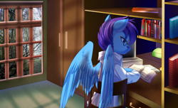 Size: 4331x2625 | Tagged: safe, artist:alus, imported from derpibooru, oc, oc only, oc:dr.picsell dois, pegasus, 80's-ish, book, bookshelf, clothes, dormitory, facial hair, irl background, irl photo, lab coat, male, moustache, southeast university, stallion, studying, university