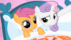 Size: 1280x720 | Tagged: safe, screencap, scootaloo, sweetie belle, pegasus, pony, unicorn, stare master, cropped, dilated pupils, female, filly, foal, hush now quiet now, long neck, looking at you, smiling, stare