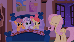 Size: 1280x720 | Tagged: safe, screencap, apple bloom, fluttershy, scootaloo, sweetie belle, earth pony, pegasus, pony, unicorn, stare master, bed, cutie mark crusaders, dilated pupils, eyes closed, female, filly, fluttershy's cottage, foal, night, profile, smiling, window