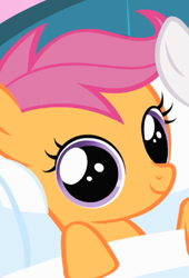 Size: 284x417 | Tagged: safe, screencap, scootaloo, pegasus, pony, stare master, bed, dilated pupils, female, filly, foal, looking at you, smiling, solo focus, stare