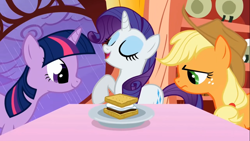 Size: 1366x768 | Tagged: safe, imported from ponybooru, screencap, applejack, rarity, twilight sparkle, earth pony, pony, unicorn, look before you sleep, applejack is not amused, applejack's hat, cowboy hat, eyes closed, eyeshadow, female, food, freckles, golden oaks library, hat, makeup, mare, open mouth, plate, raised hoof, s'mores, trio, unamused