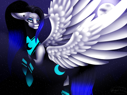 Size: 3200x2400 | Tagged: safe, artist:minelvi, imported from derpibooru, oc, oc only, pegasus, pony, clothes, ear piercing, eyelashes, full moon, heterochromia, lineless, lip piercing, looking back, makeup, moon, pegasus oc, piercing, signature, solo, wings