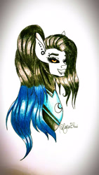 Size: 900x1600 | Tagged: safe, artist:minelvi, imported from derpibooru, oc, oc only, earth pony, pony, black sclera, bust, ear piercing, earth pony oc, eyelashes, grin, lip piercing, peytral, piercing, signature, smiling, solo, traditional art