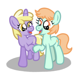 Size: 768x768 | Tagged: safe, artist:brandrewburrito, imported from derpibooru, dinky hooves, peach fuzz, earth pony, pony, unicorn, ask, ask peach fuzz and dinky doo, cute, cutie mark, diapeaches, dinkabetes, duo, duo female, excited, female, filly, food, friends, happy, high five, hoof hold, hoofbump, open mouth, peach, shadow, simple background, smiling, sparkles, transparent background