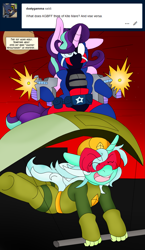 Size: 1813x3125 | Tagged: safe, artist:blackbewhite2k7, imported from derpibooru, lyra heartstrings, starlight glimmer, pony, ask, batman, clothes, costume, crossover, gliding, gun, kgbeast, kite-man, machine gun, parody, starlight likes kites, weapon