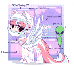 Size: 700x638 | Tagged: safe, artist:fenix-artist, artist:marvie69, imported from derpibooru, oc, oc only, oc:pastel stars, alien, earth pony, pony, artificial wings, astronaut, augmented, female, helmet, mare, mechanical wing, multicolored hair, plushie, reference sheet, solo, spacesuit, sticker, wings