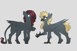 Size: 4000x2635 | Tagged: safe, artist:nsilverdraws, imported from derpibooru, oc, oc only, oc:eira sundown, oc:vyssini sundown, hippogriff, beak, duo, hippogriff oc, hooves, offspring, simple background, sundown clan, talons, wings