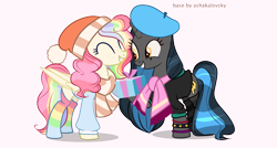 Size: 3722x2000 | Tagged: safe, artist:_cat_smoker_, artist:ashakalovsky, imported from derpibooru, oc, oc only, oc:cheery candy, oc:tough cookie (ice1517), pegasus, pony, unicorn, base used, beret, cheerycookie, christmas, clothes, commission, eyes closed, female, freckles, grin, hat, holiday, hoodie, hoof hold, lesbian, makeup, multicolored hair, oc x oc, present, rainbow hair, rainbow socks, santa hat, scarf, shipping, simple background, smiling, socks, striped socks, transparent background, wristband, ych result