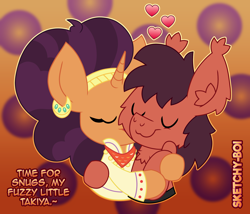 Size: 2800x2400 | Tagged: safe, artist:snakeythingy, imported from derpibooru, saffron masala, oc, oc:sketchy dupe, pony, canon x oc, female, gradient background, hindi, hug, male, sketchffron, snuggling, straight