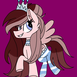 Size: 1378x1378 | Tagged: safe, artist:circuspaparazzi5678, imported from derpibooru, oc, oc only, oc:grace, oc:gracie, pegasus, pony, clothes, collar, crown, female, jewelry, regalia, smiling, socks, solo, striped socks