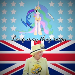 Size: 1911x1920 | Tagged: safe, imported from derpibooru, princess celestia, pony, britain, british flag, caption, equestrian flag, flag, queen elizabeth ii, text, union jack