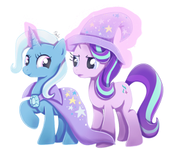 Size: 1024x915 | Tagged: safe, artist:nnaly, imported from derpibooru, starlight glimmer, trixie, pony, unicorn, accessory swap, cape, clothes, duo, female, hat, lesbian, mare, raised hoof, shipping, simple background, startrix, the great and powerful, transparent background, trixie's cape, trixie's hat