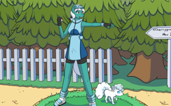 Size: 1280x800 | Tagged: safe, artist:magic-violet, imported from derpibooru, oc, oc only, oc:qen, anthro, fox, unicorn, vulpix, ace trainer, alolan form, alolan vulpix, fence, forest, kitsune, pokémon, sign, solo