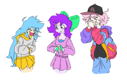 Size: 3000x1960 | Tagged: safe, artist:doodlegamertj, imported from derpibooru, oc, oc only, oc:adam, oc:mable syrup, oc:musicallie, human, baseball cap, blue hair, bow, cap, clothes, deaf, dress, female, hat, hoodie, humanized, laughing, male, pink hair, purple hair, sign language, simple background, transparent background, xd