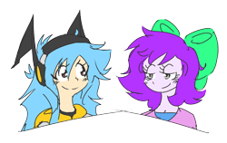 Size: 1526x964 | Tagged: safe, artist:doodlegamertj, imported from derpibooru, oc, oc only, oc:mable syrup, oc:musicallie, human, equestria girls, blue hair, bow, clothes, hoodie, humanized, purple hair, simple background, transparent background