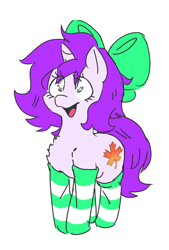 Size: 996x1472 | Tagged: safe, artist:doodlegamertj, imported from derpibooru, oc, oc only, oc:mable syrup, pony, unicorn, blind, bow, clothes, purple hair, simple background, socks, sticker, striped socks, transparent background