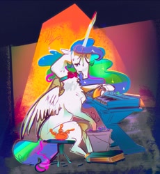 Size: 3091x3366 | Tagged: safe, artist:alumx, imported from derpibooru, princess celestia, alicorn, pony, bowtie, bucket, eyes closed, female, keyboard, mare, musical instrument, solo, sweat