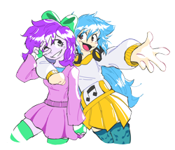 Size: 2608x2237 | Tagged: safe, artist:doodlegamertj, imported from derpibooru, oc, oc only, oc:mable syrup, oc:musicallie, human, blue hair, bow, clothes, dress, headphones, hoodie, humanized, music notes, peace sign, purple hair, simple background, socks, stockings, striped socks, thigh highs, transparent background