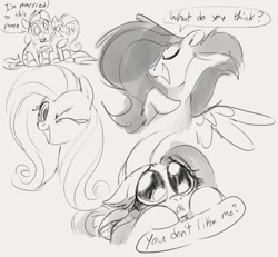 Size: 931x859 | Tagged: safe, artist:dotkwa, imported from derpibooru, fluttershy, oc, oc:dotmare, pony, canon x oc, female, lesbian, monochrome, one eye closed, sketch, sketch dump, wink