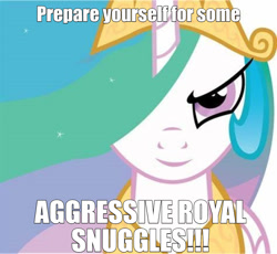 Size: 1124x1034 | Tagged: safe, imported from derpibooru, princess celestia, pony, caption, image macro, imma snuggle you, imminent snuggles, implied snuggling, looking at you, meme, smiling, text