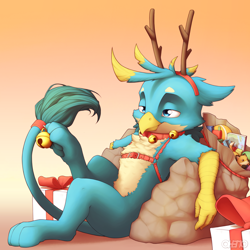 Size: 4000x4000 | Tagged: safe, artist:ohemo, imported from derpibooru, imported from ponybooru, gallus, griffon, absurd resolution, antlers, bell, bell collar, christmas, collar, harness, high res, holiday, jingle bells, male, paw pads, paws, present, reindeer antlers, sack, solo, tack, toy