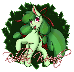 Size: 1280x1245 | Tagged: safe, artist:mscolorsplash, imported from derpibooru, oc, oc only, oc:ribbon wreath, earth pony, pony, christmas, christmas wreath, female, hair ribbon, holiday, mare, pigtails, simple background, solo, transparent background, twintails, wreath