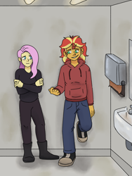 Size: 3000x4000 | Tagged: safe, artist:applejackofalltrades, imported from derpibooru, fluttershy, sunset shimmer, fanfic:looking glass, series:who we become, equestria girls, bathroom, chat, clothes, converse, shoes, sweater, talking
