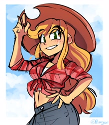 Size: 2656x3033 | Tagged: safe, artist:peargor, imported from derpibooru, applejack, human, belly button, cloud, cowboy hat, female, freckles, front knot midriff, hand on hip, hat, high res, humanized, looking at you, midriff, no pupils, sky, smiling, solo, straw in mouth