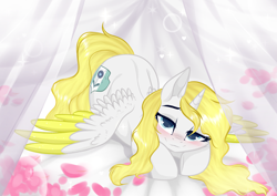 Size: 3465x2454 | Tagged: source needed, safe, artist:kim0508, imported from derpibooru, oc, oc only, oc:sweetie shy, alicorn, pony, alicorn oc, base used, bed, bedroom, bedroom eyes, blushing, commission, cute, female, flower petals, horn, looking at you, mare, petals, pony oc, romantic, smiley face, smiling, solo, wings, ych result