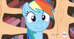 Size: 1917x1001 | Tagged: safe, imported from derpibooru, screencap, rainbow dash, pony, testing testing 1-2-3, :c, frown, golden oaks library, hub logo, hubble, inverted mouth, solo